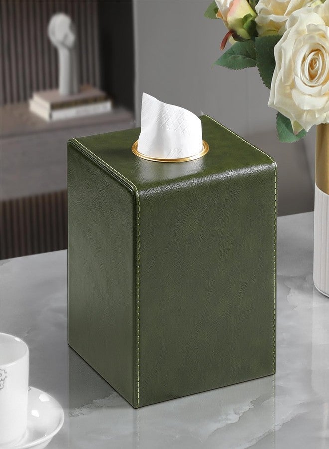 MEIBOOCH Square Tissue Box Cover, Luxury PU Leather Tissue Holder with Magnetic Closure (Olive Green) - Image 2
