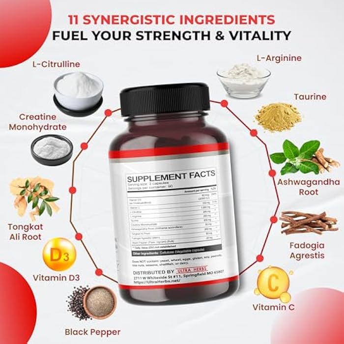 ULTRA HERBS L-Citrulline Supplement Capsules Enriched with L-Arginine, Taurine, Creatine, Tongkat Ali, Fadogia Agrestis | Ultra Nitric Oxide Booster for Muscle Endurance, Stamina & Recovery | 180 Capsules - Image 3