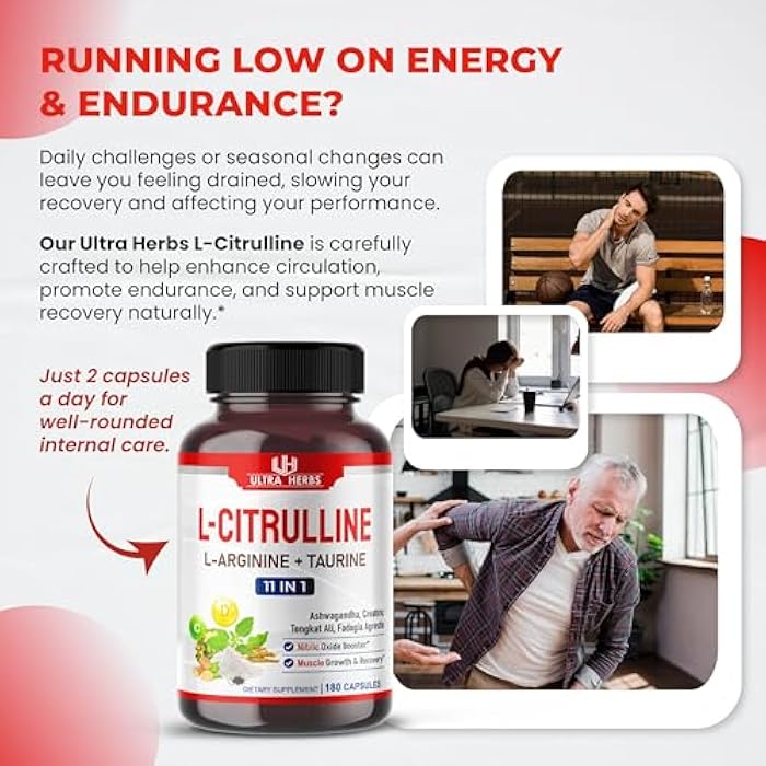 ULTRA HERBS L-Citrulline Supplement Capsules Enriched with L-Arginine, Taurine, Creatine, Tongkat Ali, Fadogia Agrestis | Ultra Nitric Oxide Booster for Muscle Endurance, Stamina & Recovery | 180 Capsules - Image 2