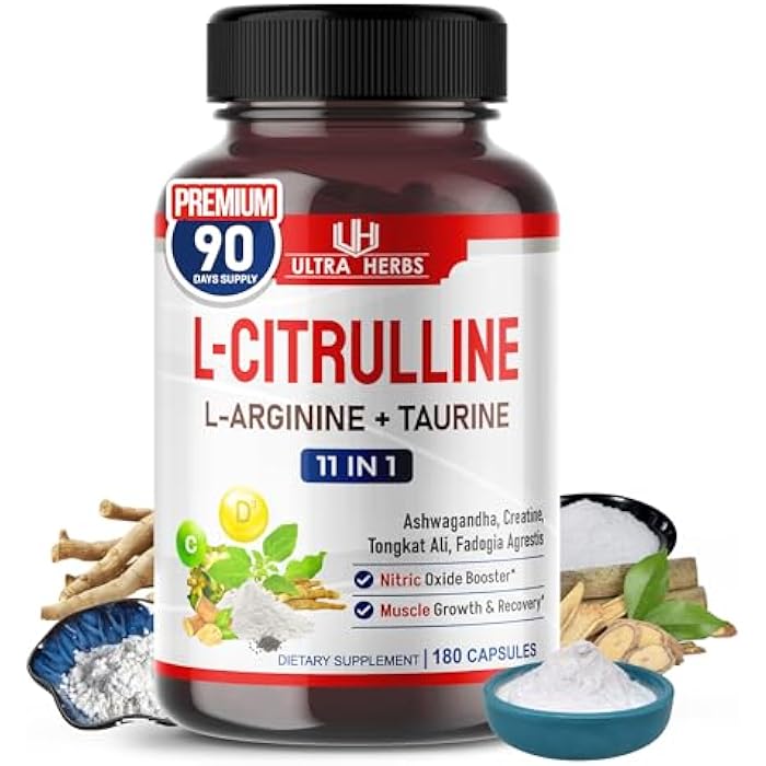 ULTRA HERBS L-Citrulline Supplement Capsules Enriched with L-Arginine, Taurine, Creatine, Tongkat Ali, Fadogia Agrestis | Ultra Nitric Oxide Booster for Muscle Endurance, Stamina & Recovery | 180 Capsules - Image 1