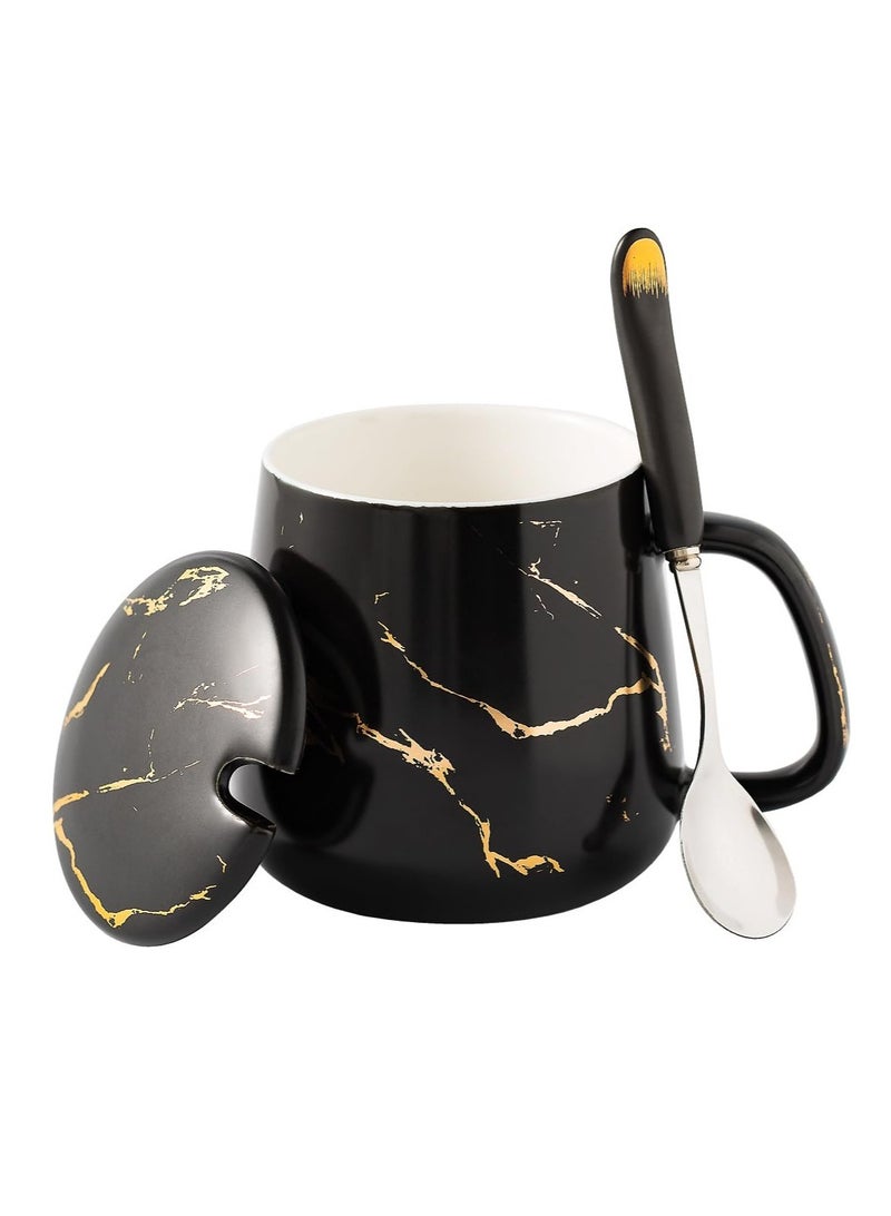 Excefore كوب قهوة سيراميك بغطاء وملعقة من الفولاذ المقاوم للصدأ، 13.5 أونصة، كوب شاي آمن في غسالة الصحون والميكروويف مزود بغطاء - هدية مثالية مجموعة أكواب قهوة بتصميم كلاسيكي - Image 1