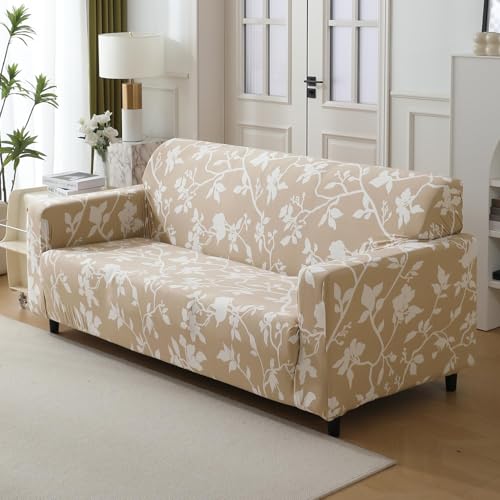 HOKIPO 140gsm Stretchable Sofa Cover for 3 Seater Sofa, Buff Brown Sillehoute Floral (NEW-4947-C7),Polyester Blend - Image 1