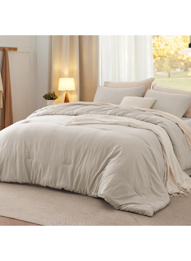 Bedsure Bedsure Queen Size Comforter Set  Linen Soft Prewashed Bed Comforter for All Seasons  3 Pieces Warm Bedding Sets  1 Lightweight Comforter (90""x90"") and 2 Pillowcases (20""x26"")  - Image 1