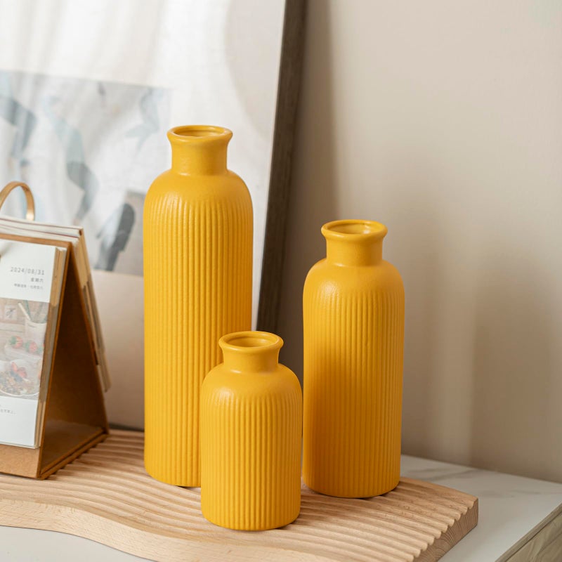 vaurcesa Modern Ceramic Vase Set, Yellow Ribbed Matte Design, 3-Piece Decorative Vases for Home, Living Room, Office (Yellow) - Image 5
