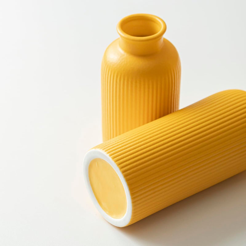 vaurcesa Modern Ceramic Vase Set, Yellow Ribbed Matte Design, 3-Piece Decorative Vases for Home, Living Room, Office (Yellow) - Image 4