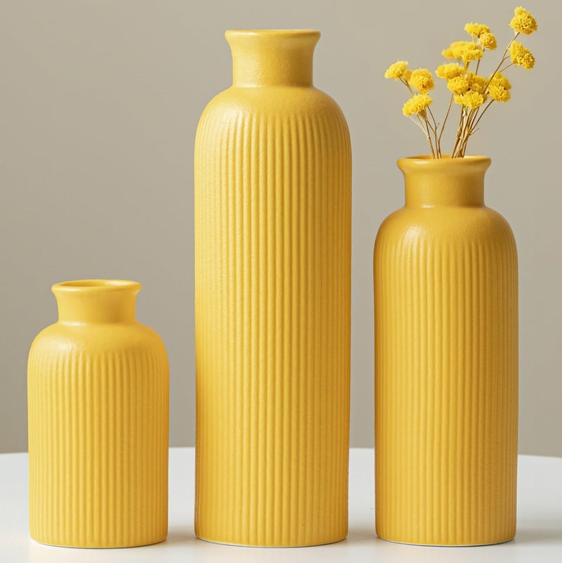 vaurcesa Modern Ceramic Vase Set, Yellow Ribbed Matte Design, 3-Piece Decorative Vases for Home, Living Room, Office (Yellow) - Image 1
