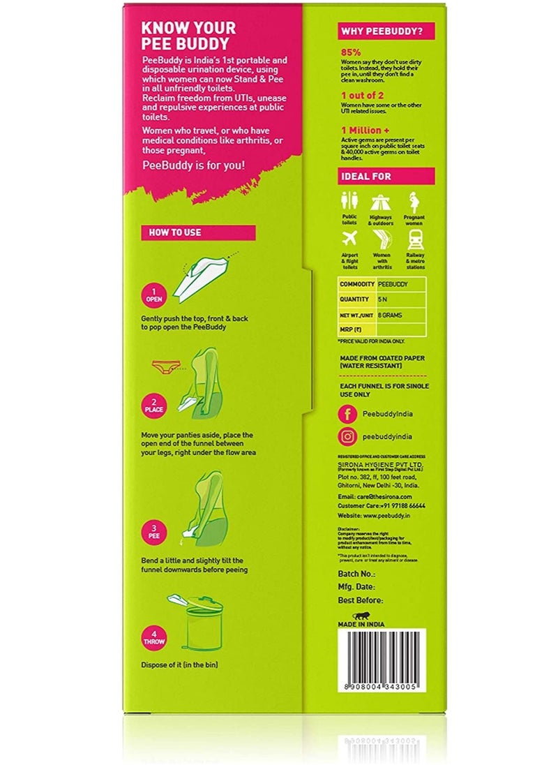 PeeBuddy 5 Funnels Portable Female Urination Device | Disposable Female Urinal Funnel | Travel, Camping, Hiking and Outdoor Activities | Discreet and Compact Stand and Pee Funnel for Women, Girls