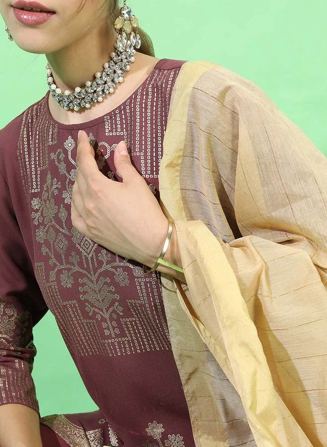 Vishudh Foil Print Kurta, Dupatta & Layered Trouser Co-Ord Set by Styli