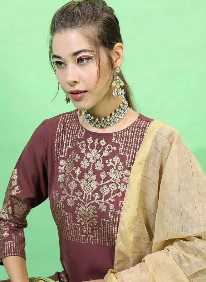 Vishudh Foil Print Kurta, Dupatta & Layered Trouser Co-Ord Set by Styli