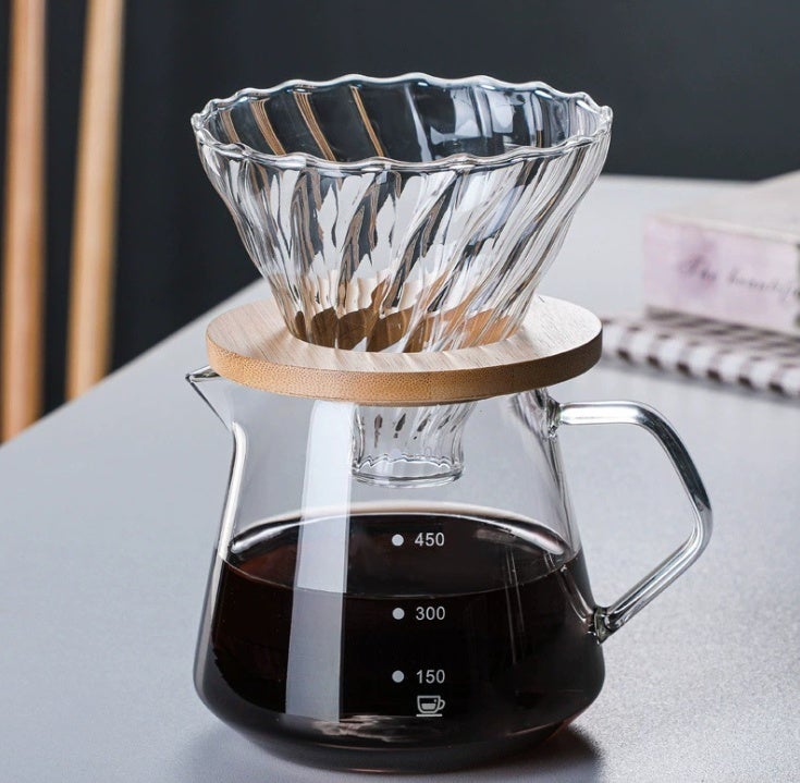 Glass pour-over coffee pot filter, transparent