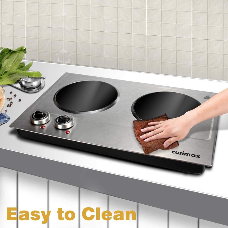 CUSIMAX موقد كهربائي مزدوج، 1800 واط، لوحة سيراميك ساخنة للطهي، موقد بالأشعة تحت الحمراء بتحكم مزدوج، موقد محمول على السطح، موقد كهربائي بسطح زجاجي، فضي، من الفولاذ المقاوم للصدأ - نسخة مطورة - Image 5