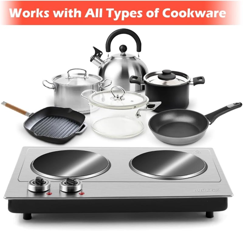 CUSIMAX موقد كهربائي مزدوج، 1800 واط، لوحة سيراميك ساخنة للطهي، موقد بالأشعة تحت الحمراء بتحكم مزدوج، موقد محمول على السطح، موقد كهربائي بسطح زجاجي، فضي، من الفولاذ المقاوم للصدأ - نسخة مطورة - Image 4