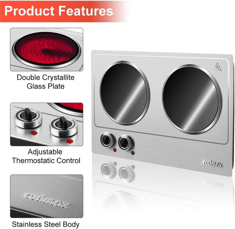 CUSIMAX موقد كهربائي مزدوج، 1800 واط، لوحة سيراميك ساخنة للطهي، موقد بالأشعة تحت الحمراء بتحكم مزدوج، موقد محمول على السطح، موقد كهربائي بسطح زجاجي، فضي، من الفولاذ المقاوم للصدأ - نسخة مطورة - Image 2