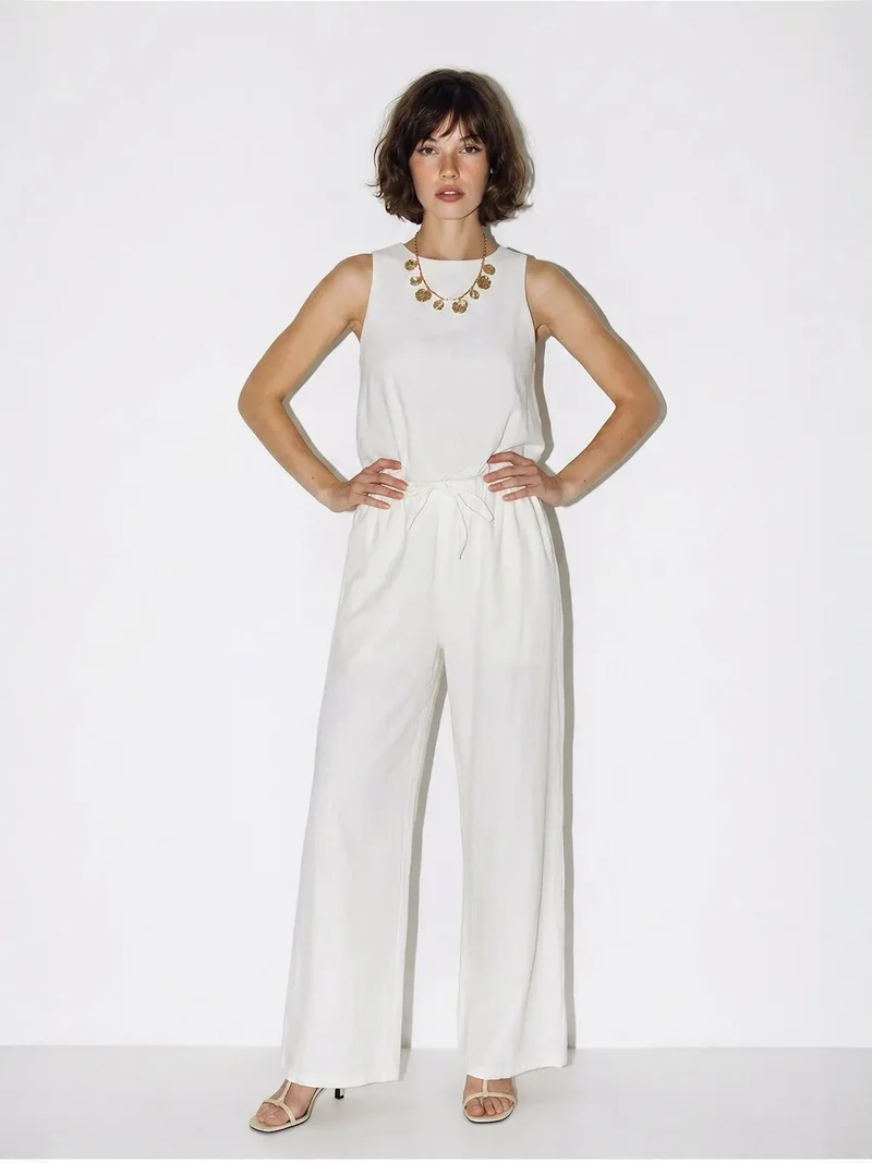 Bianco Lucci Dusty White LUCCI Cotton Wide-Leg Sleeveless Jumpsuit for Women | Best Price UAE