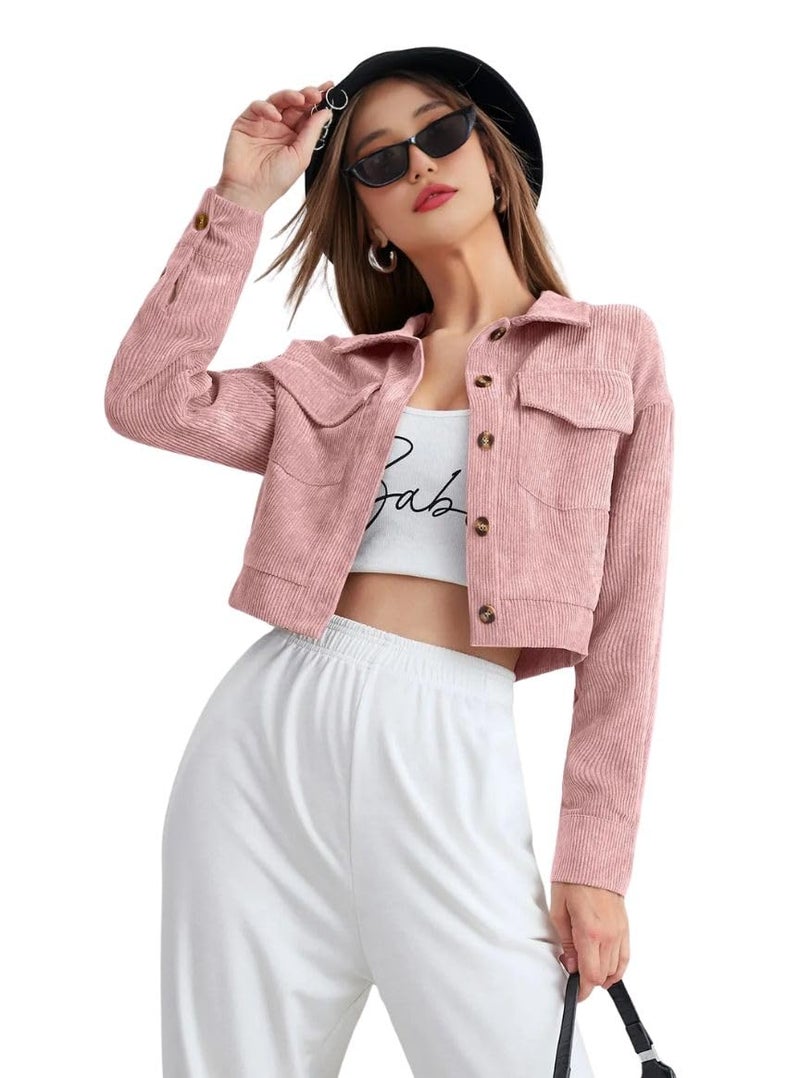SMOWKLY Women’s Cotton Blend Cropped Jacket with Two Pockets| Casual Button Down Shirt| Stylish Lightweight Outerwear for Women’s | Long Sleeve Jacket for Regular Wear(1684-PCH-XXL) - Image 1