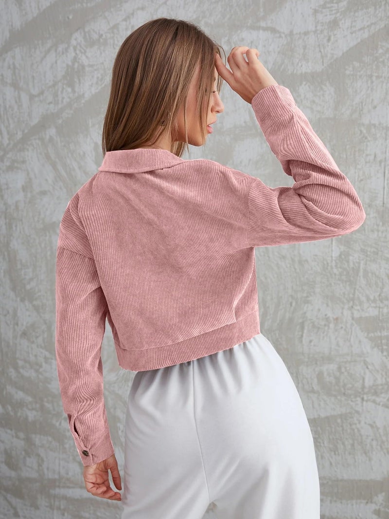 SMOWKLY Women’s Cotton Blend Cropped Jacket with Two Pockets| Casual Button Down Shirt| Stylish Lightweight Outerwear for Women’s | Long Sleeve Jacket for Regular Wear(1684-PCH-XXL) - Image 4