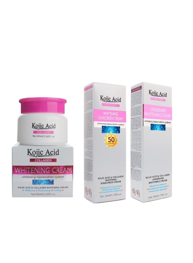 KOJIC ACID Kojic Acid Collagen Whitening Cream - 80ml , Sunscreen Cream 50 ML And Underarm Whitening Cream 50 ML - Image 1