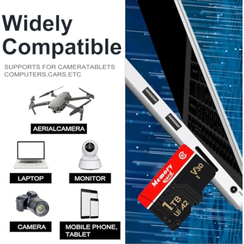 استخدام الطائرة بدون طيار/الكاميرا/كاميرا داش: بطاقة Micro SD سعة 1024 جيجابايت، UHS-I، تصل إلى 100 ميجابايت/ثانية، C10/U3/A2/V30، 4K UHD، بطاقة ذاكرة سوداء متينة عالية السرعة مع محول - Image 3
