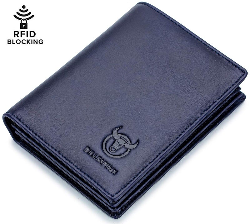 BULLCAPTAIN Genuine Leather Men Wallet RFID Blocking Bifold Wallets ID Window Credit Card Holder (Blue) - Image 2
