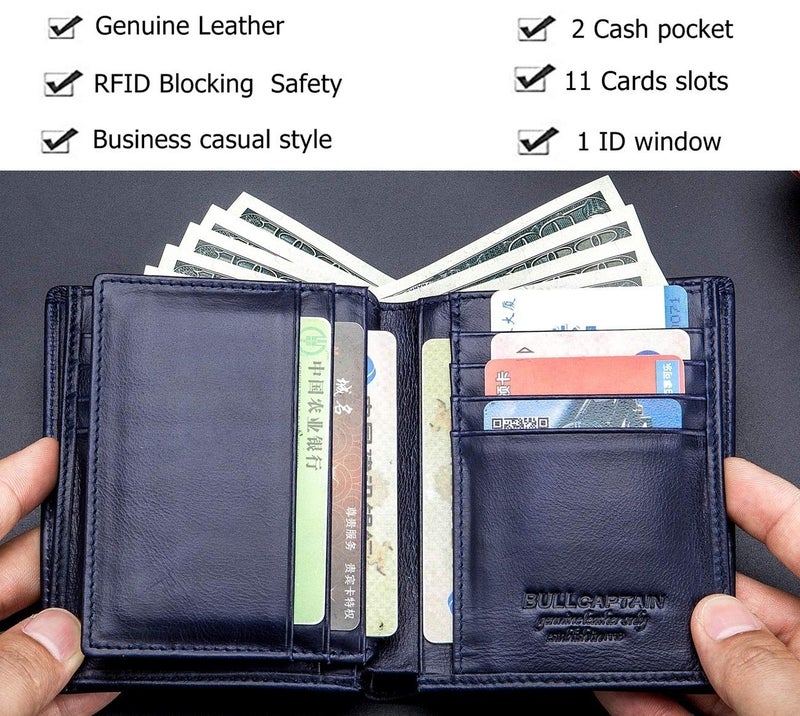 BULLCAPTAIN Genuine Leather Men Wallet RFID Blocking Bifold Wallets ID Window Credit Card Holder (Blue) - Image 4