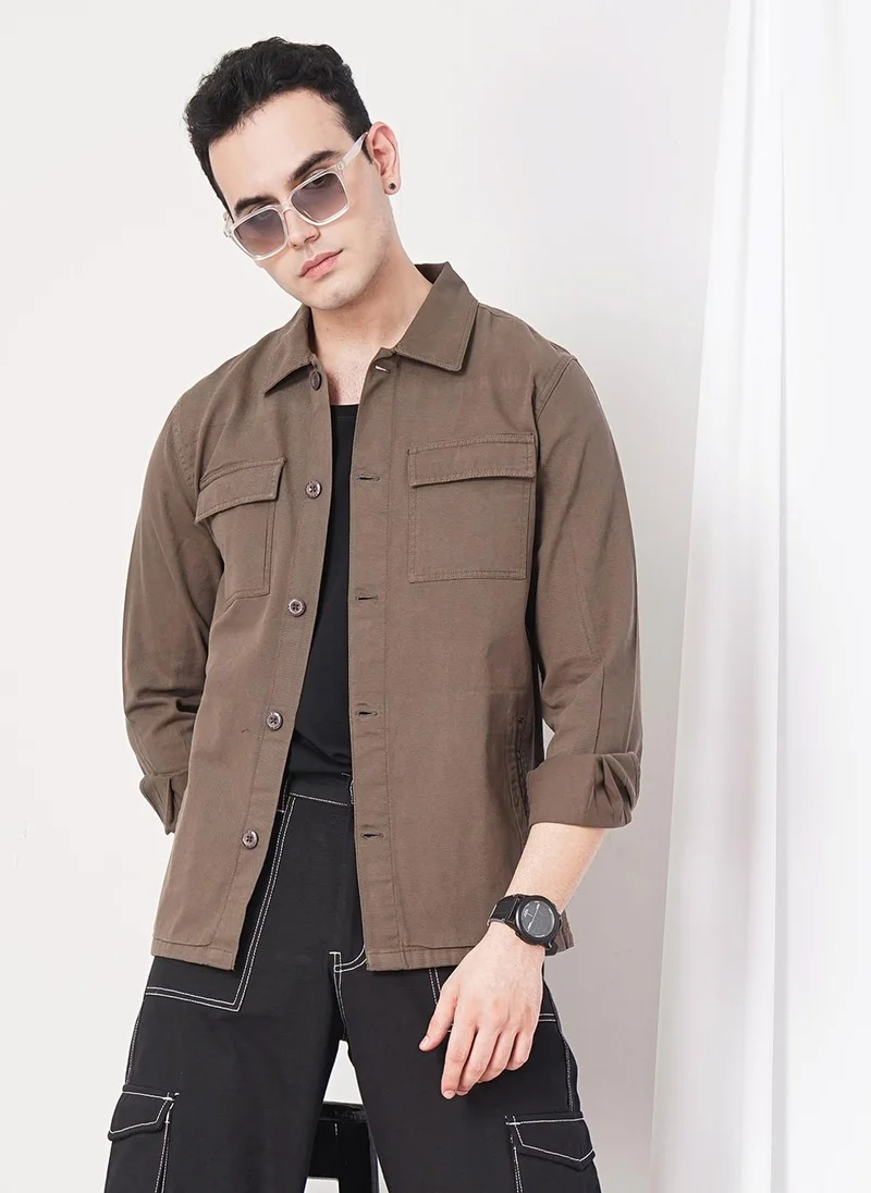 The Indian Garage Co Men Slim Fit Solid Full Sleeves Cutaway Collar Casual Over Shirt