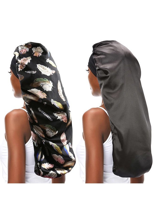 greatremy - 2PCS Silky Satin Hair Bonnet Long Bonnet for Women Dreadlocks,Braids,Locs,Curly,Long Hair Cap for Sleeping Black Breathable Sleep Cap - Image 1