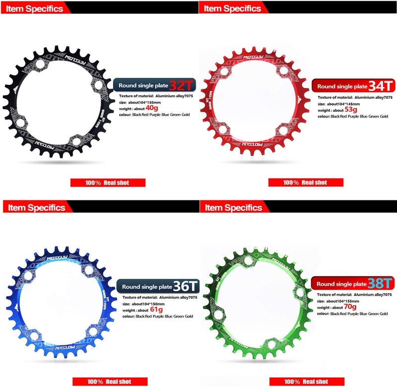 YBEKI 30T 32T 34T 36T 38T 40T 42T 44T 46T 48T 50T 52T Chainring 104BCD Round Oval Narrow Wide Single Bike Chainring for 8 9 10 11 Speed Mountain Bike Road Bike MTB BMX (Black Round, 36T) - Image 4