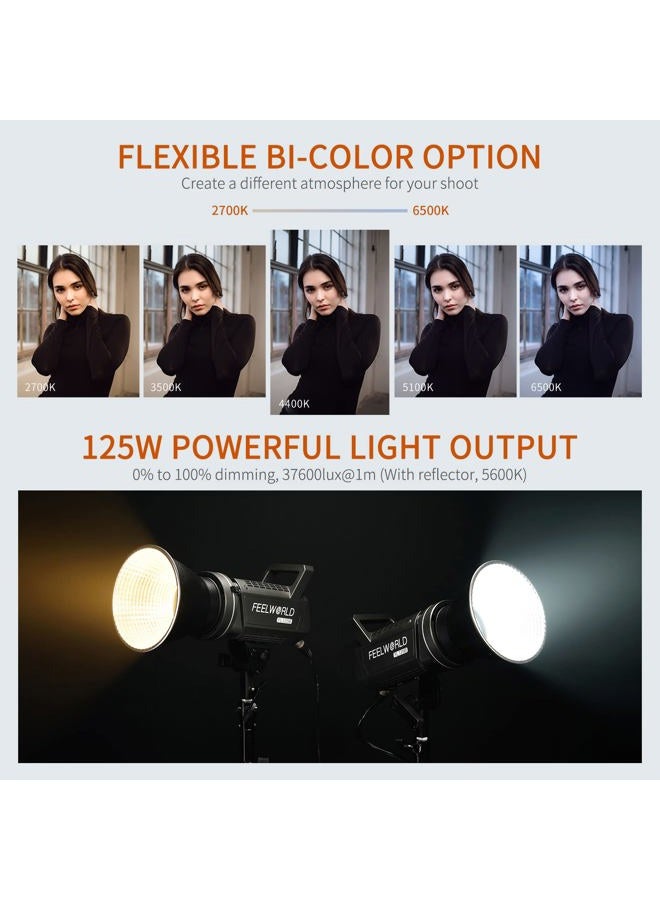 FEELWORLD FL125B 125W Video Studio Light with 2700K~6500K Bi-Color Continuous Lighting CRI96+ TLCI97+ 37600lux@1m for Film, Live Streaming, Videography, Photography, Wedding, Interview - Image 2