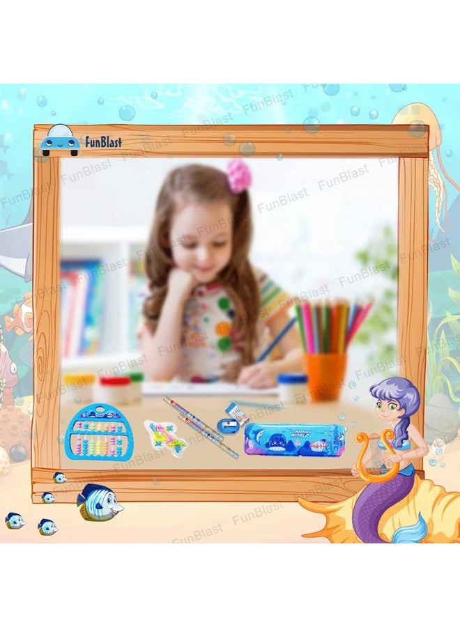 فنبلاست مجموعة أدوات مكتبية فان بلاست كاواي للأطفال - هدايا إرجاع القرطاسية للأطفال، مجموعة أدوات مكتبية للطلاب، علبة أقلام، مسطرة، ممحاة، مبراة مع لعبة لودو وعداد ألعاب، هدايا عيد ميلاد (تحت بحر العالم)، متعددة الألوان - Image 3