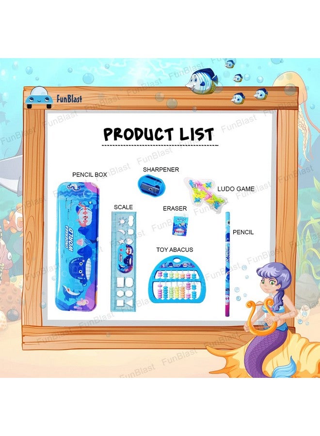فنبلاست مجموعة أدوات مكتبية فان بلاست كاواي للأطفال - هدايا إرجاع القرطاسية للأطفال، مجموعة أدوات مكتبية للطلاب، علبة أقلام، مسطرة، ممحاة، مبراة مع لعبة لودو وعداد ألعاب، هدايا عيد ميلاد (تحت بحر العالم)، متعددة الألوان - Image 2