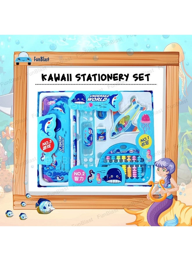 فنبلاست مجموعة أدوات مكتبية فان بلاست كاواي للأطفال - هدايا إرجاع القرطاسية للأطفال، مجموعة أدوات مكتبية للطلاب، علبة أقلام، مسطرة، ممحاة، مبراة مع لعبة لودو وعداد ألعاب، هدايا عيد ميلاد (تحت بحر العالم)، متعددة الألوان - Image 5