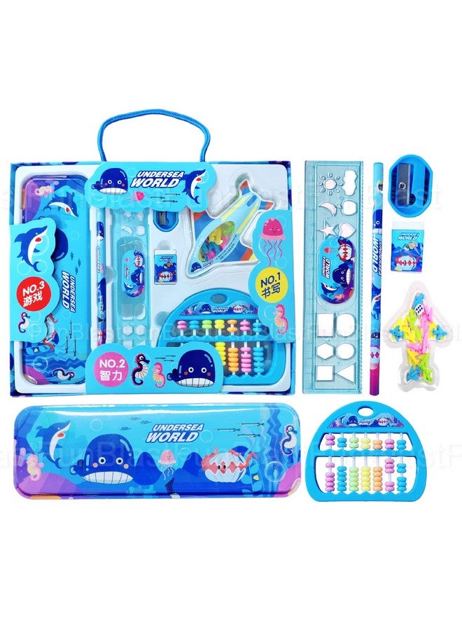 فنبلاست مجموعة أدوات مكتبية فان بلاست كاواي للأطفال - هدايا إرجاع القرطاسية للأطفال، مجموعة أدوات مكتبية للطلاب، علبة أقلام، مسطرة، ممحاة، مبراة مع لعبة لودو وعداد ألعاب، هدايا عيد ميلاد (تحت بحر العالم)، متعددة الألوان - Image 1