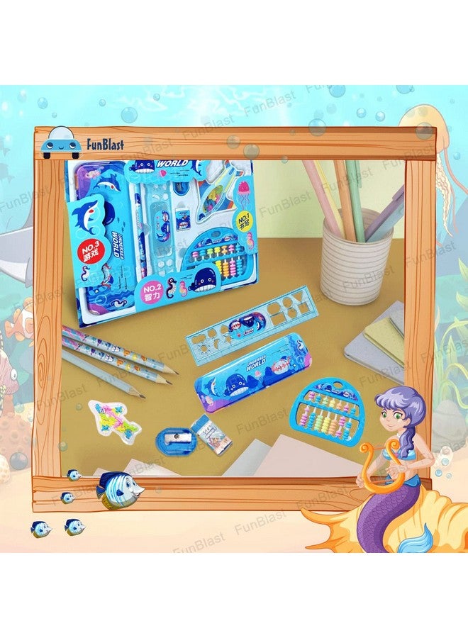 فنبلاست مجموعة أدوات مكتبية فان بلاست كاواي للأطفال - هدايا إرجاع القرطاسية للأطفال، مجموعة أدوات مكتبية للطلاب، علبة أقلام، مسطرة، ممحاة، مبراة مع لعبة لودو وعداد ألعاب، هدايا عيد ميلاد (تحت بحر العالم)، متعددة الألوان - Image 4