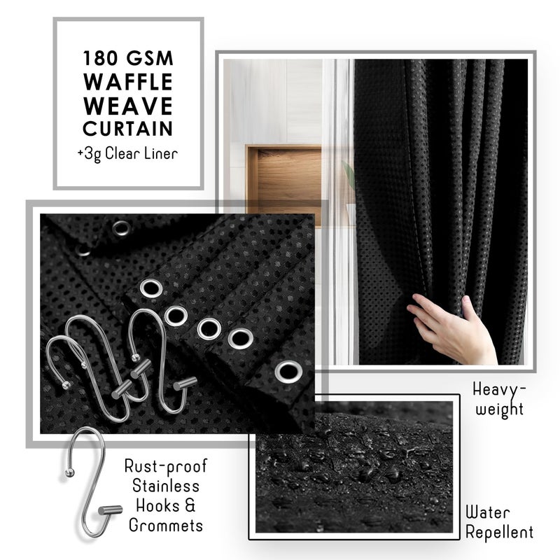 Clara Clark Bathroom Accessories Set - Bathroom Set, Bathroom Accessory Set, Shower Curtain Set, Toilet Brush, Trash Can & Soap Dispenser - Black - 20PC - Image 4