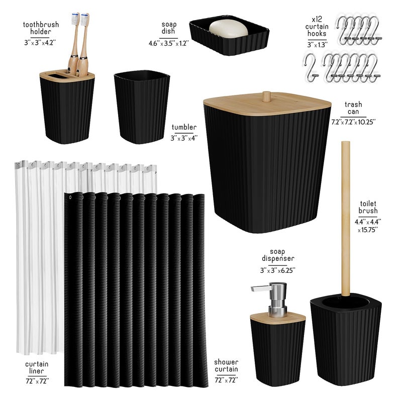 Clara Clark Bathroom Accessories Set - Bathroom Set, Bathroom Accessory Set, Shower Curtain Set, Toilet Brush, Trash Can & Soap Dispenser - Black - 20PC - Image 2