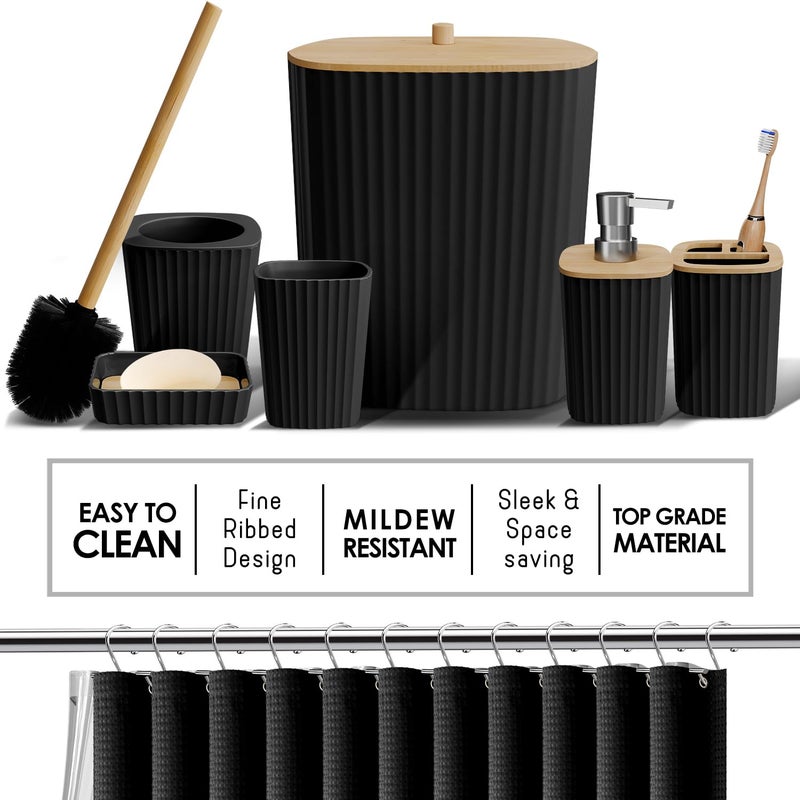 Clara Clark Bathroom Accessories Set - Bathroom Set, Bathroom Accessory Set, Shower Curtain Set, Toilet Brush, Trash Can & Soap Dispenser - Black - 20PC - Image 3