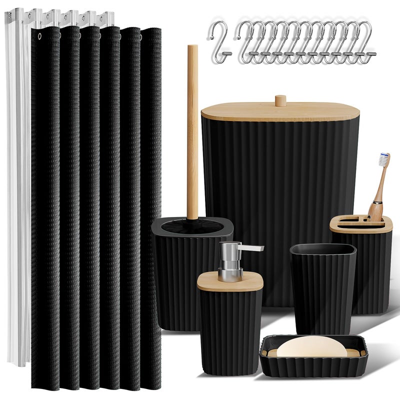 Clara Clark Bathroom Accessories Set - Bathroom Set, Bathroom Accessory Set, Shower Curtain Set, Toilet Brush, Trash Can & Soap Dispenser - Black - 20PC - Image 1