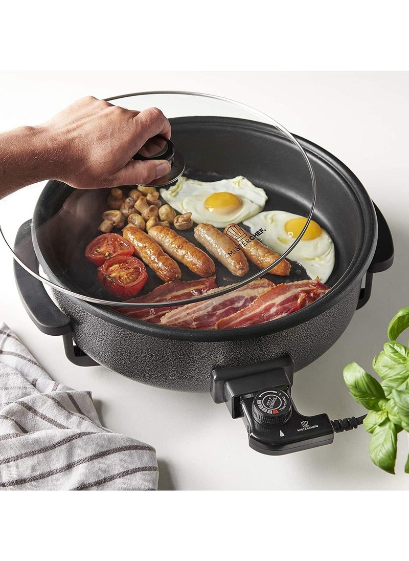 42 cm Electric Pizza maker Pan, Multi-Function Cooker - Electric Frying Pan Cooker with Tempered Glass- Energy Saver 1500W - Cool-Touch Handles