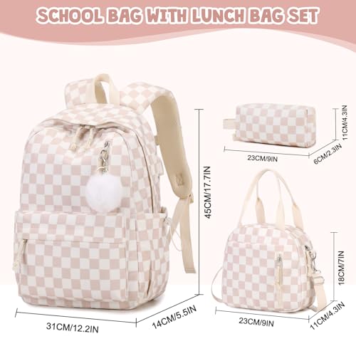 ACESAK Backpack for Girls Corduroy Girls Backpack with Lunch Bag Pencil Pouch for Teen Kids Laptop Backpack for Women Middle High School Bookbag Travel Daypack Beige Chessboard - Image 3