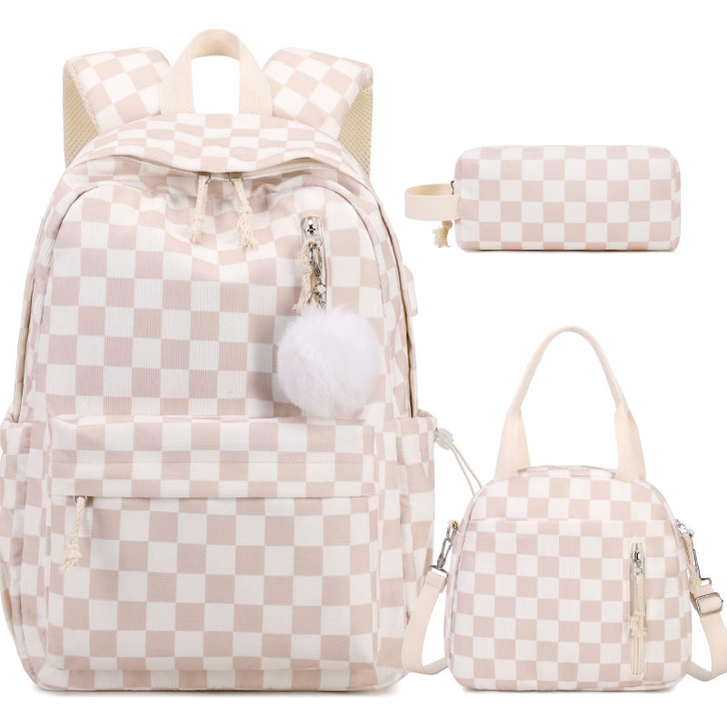ACESAK Backpack for Girls Corduroy Girls Backpack with Lunch Bag Pencil Pouch for Teen Kids Laptop Backpack for Women Middle High School Bookbag Travel Daypack Beige Chessboard - Image 2