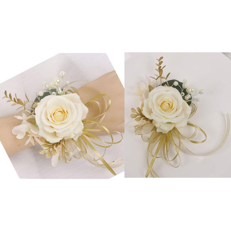 USIX 2pc PackHandmade Artificial Flower Rose with Gold Leaves Ribbons Artificial Pearls Wrist Corsage  Mens Lapel Boutonniere Pin Combo Set Package for Wedding Party Prom Homecoming Corsage Pack
