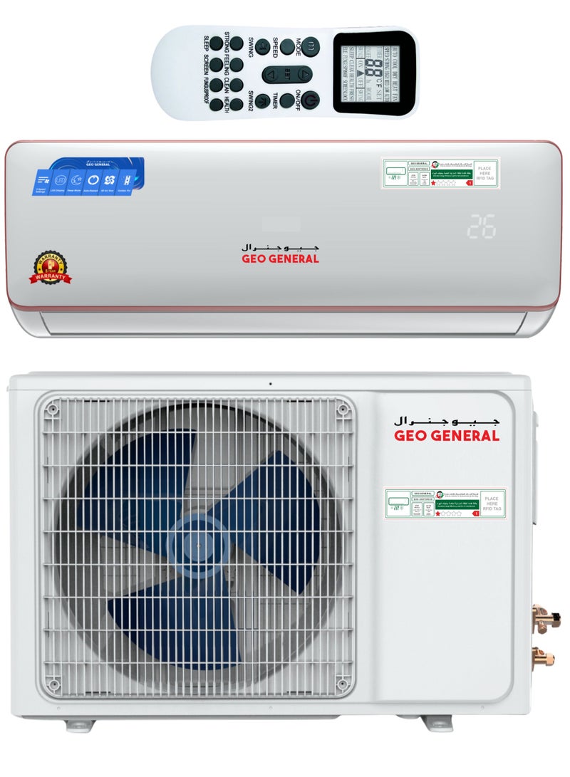 Geo General 12000 BTU Wall Mounted Split Air Conditioner, 1 Ton - Cooling Only, Energy Efficient R410 Rotary Compressor, Compact Design for Home and Office, Digital Display Remote Control - Image 1