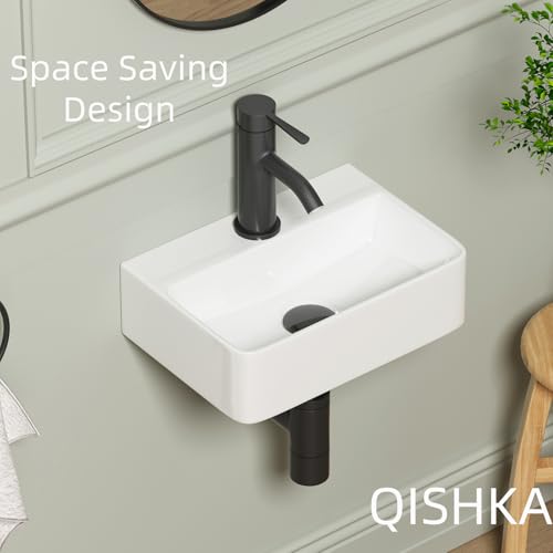 QISHKA Wall Hung Bathroom Vessel Sink, QISHKA 14.5" X 10" Rectangular Floating Ceramic Wash Hand Basin White Wall Mount Vanity Sink for Small Bathroom and Small Cloakroom - Image 3