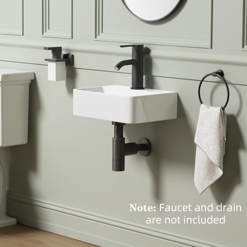 QISHKA Wall Hung Bathroom Vessel Sink, QISHKA 14.5" X 10" Rectangular Floating Ceramic Wash Hand Basin White Wall Mount Vanity Sink for Small Bathroom and Small Cloakroom - Image 4