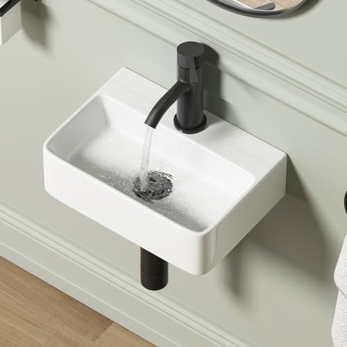 QISHKA Wall Hung Bathroom Vessel Sink, QISHKA 14.5" X 10" Rectangular Floating Ceramic Wash Hand Basin White Wall Mount Vanity Sink for Small Bathroom and Small Cloakroom - Image 1