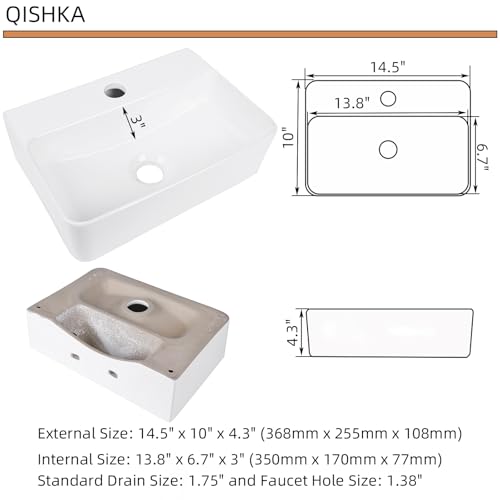 QISHKA Wall Hung Bathroom Vessel Sink, QISHKA 14.5" X 10" Rectangular Floating Ceramic Wash Hand Basin White Wall Mount Vanity Sink for Small Bathroom and Small Cloakroom - Image 5