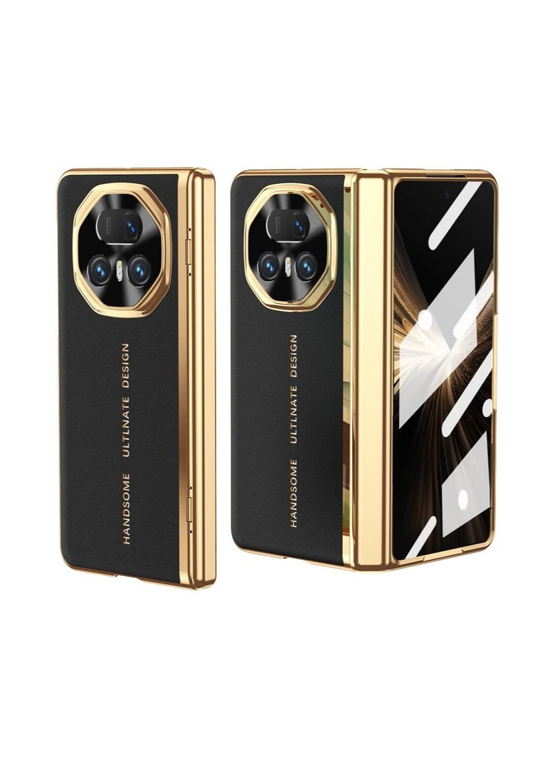 general Case Compatible Honor Magic V5 5G [Built-in Screen Protector] Vegan Leather Case Electroplated Frame Camera Lens Protection Shockproof Case