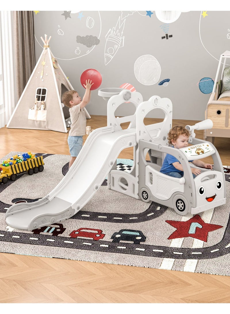 SHEIDLIN Kids Slide with Basketball Hoop, Bus-Shaped Play Set, Indoor Outdoor, Safe HDPE Material, 155x85x130cm for Toddlers - Image 1