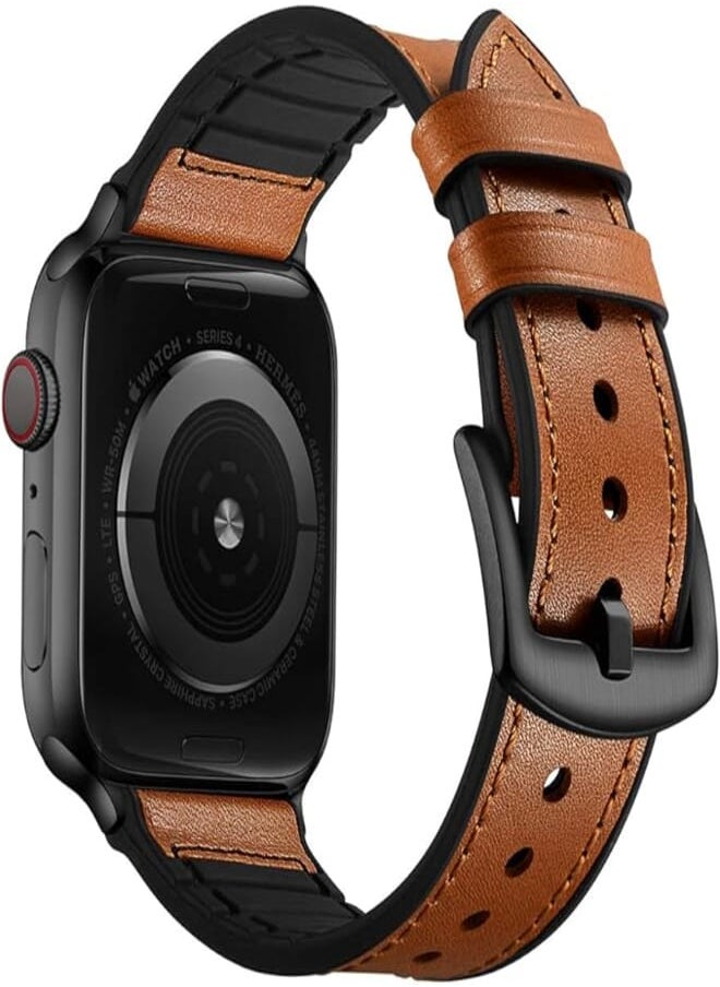 OUHENG - OUHENG Compatible with Apple Watch Band 45mm 44mm 42mm 41mm 40mm 38mm, Sweatproof Genuine Leather and Rubber Hybrid Band Strap Compatible with iWatch Series 7 6 5 4 3 2 1 SE - Image 1