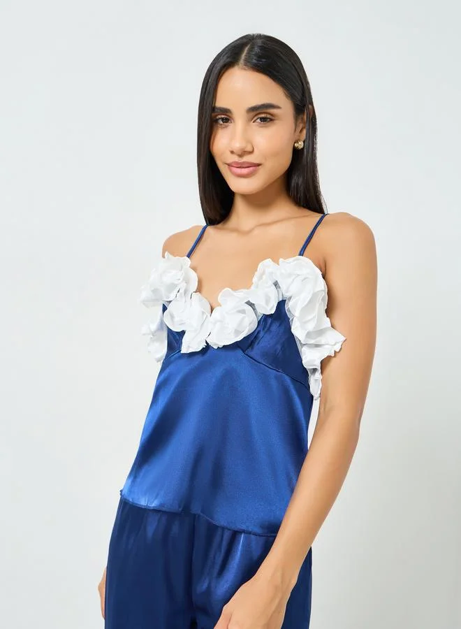 Take Two Navy Blue Navy Blue Ruffle Trim Satin Cami and Pyjama Set for Women | Best Price UAE